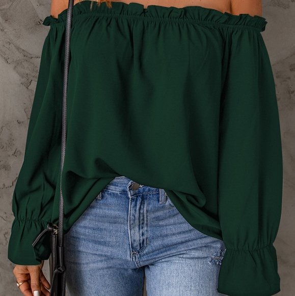 Tops - Green Frill Trim Off-Shoulder Flounce Sleeve Blouse